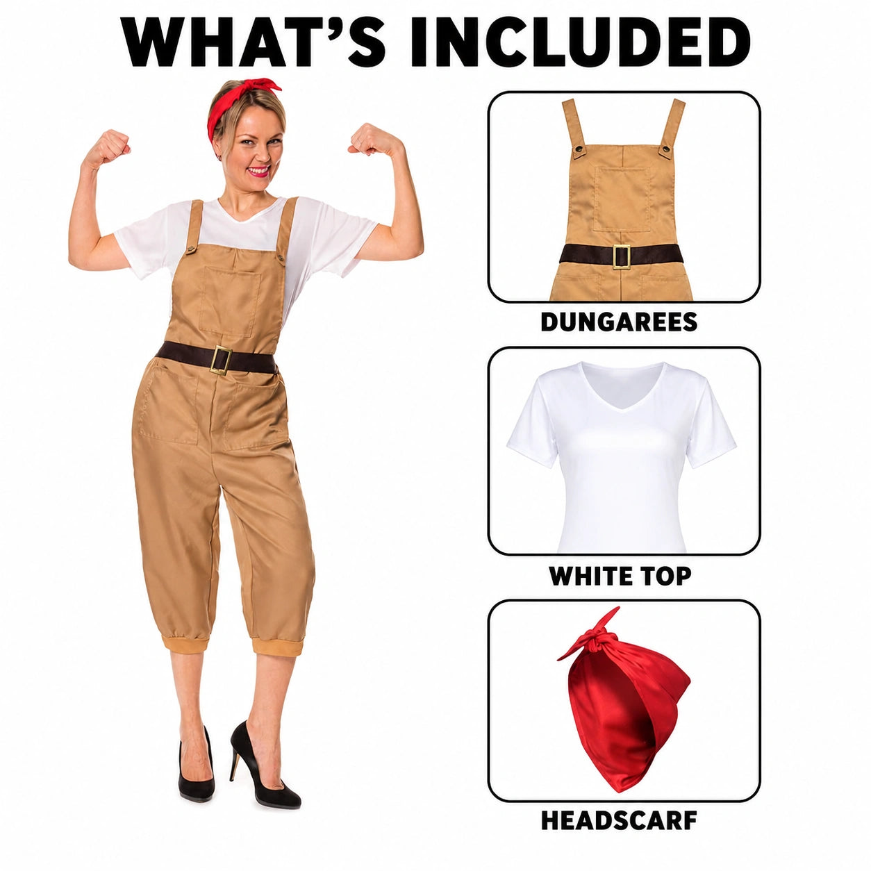 Women’s 1940s Land Girl Costume with Dungarees, Top and Headscarf