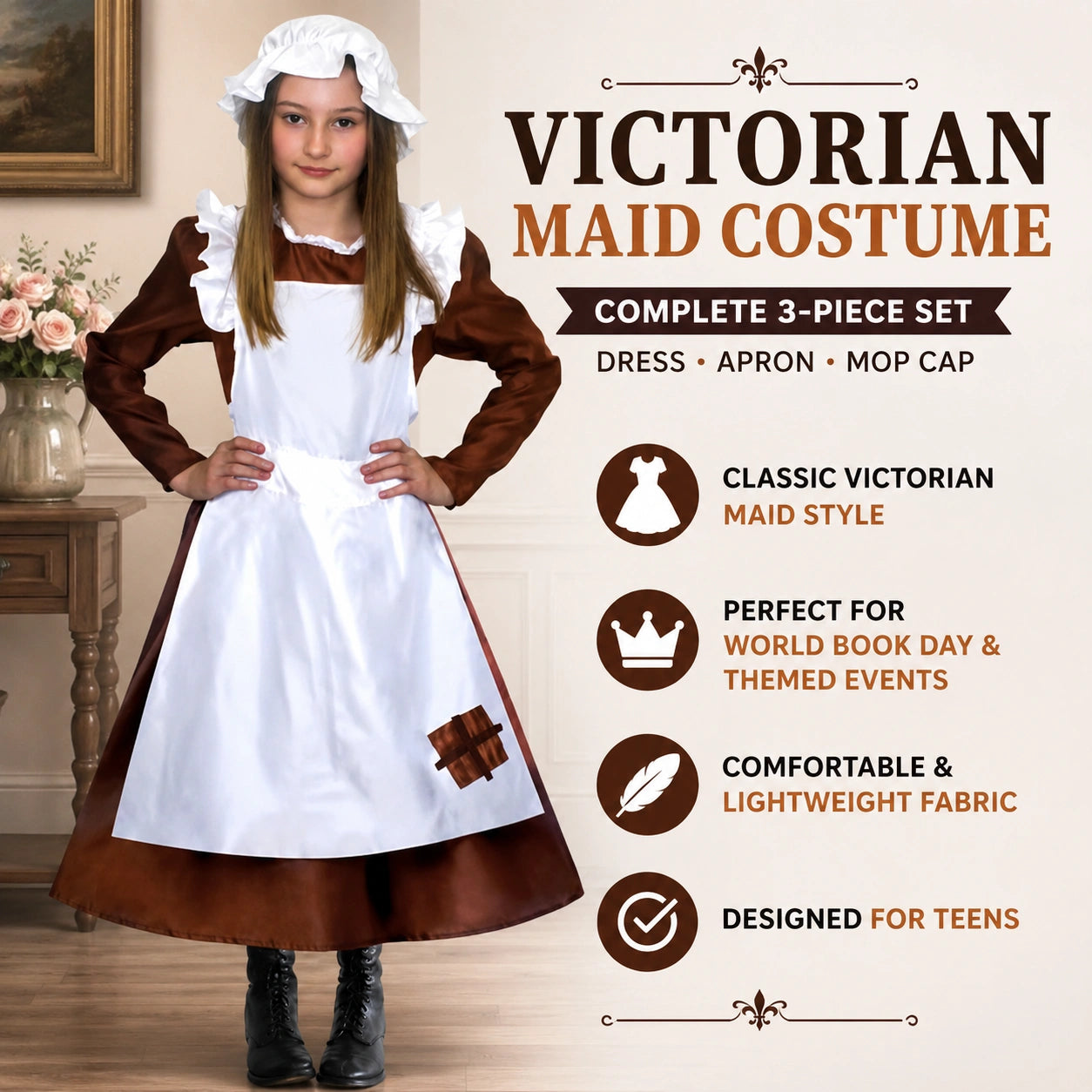 Girls’ Victorian Maid Black Dress with Attached Brown Apron Costume