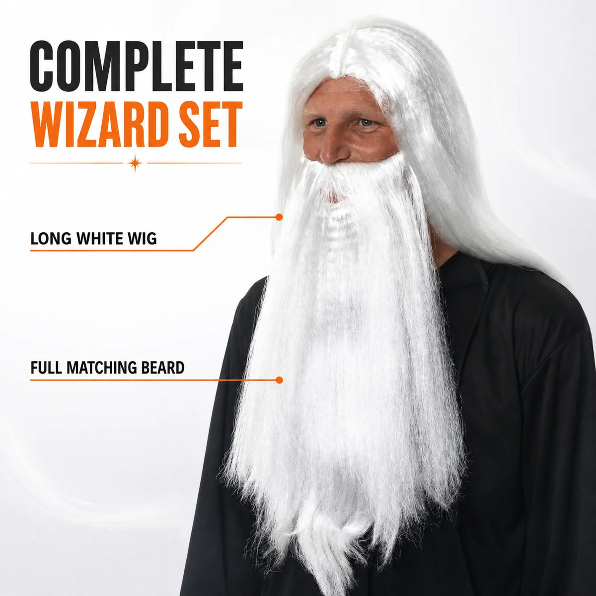 Men’s Long White Wizard Wig & Beard Set for Halloween, Fantasy Cosplay & Fancy Dress