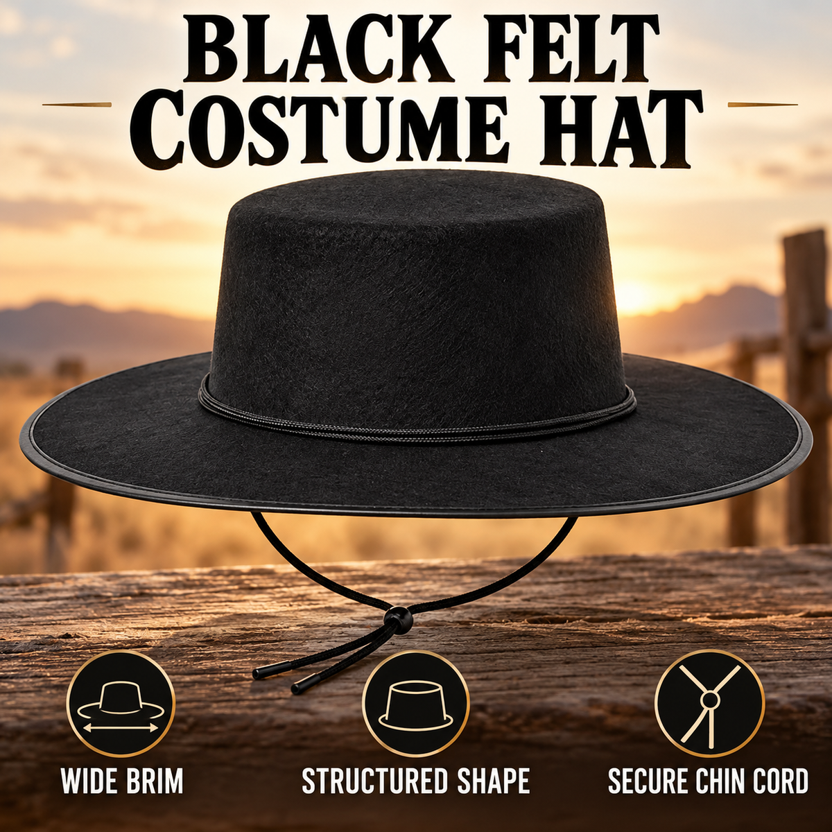 SoWest Black Felt Highwayman Bandit Style Fancy Dress Hat