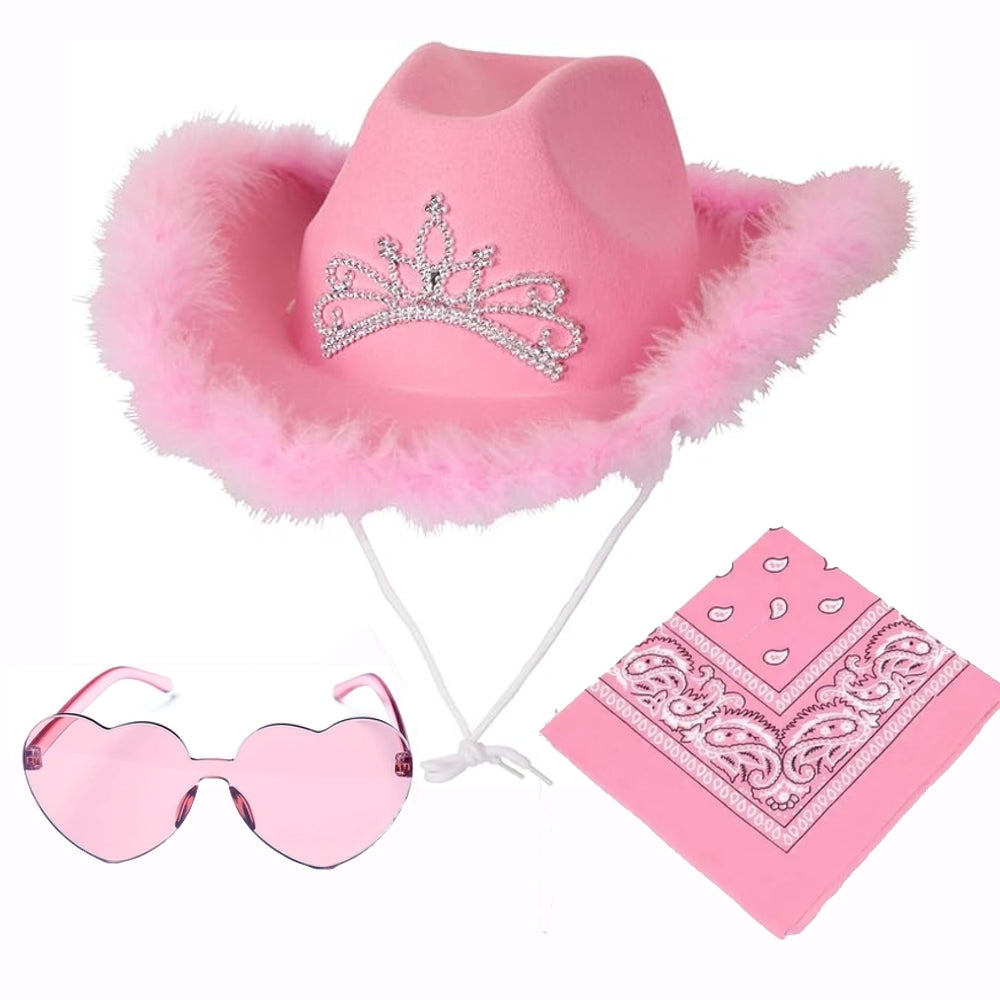 Pink Cowboy Hat Fur Tiara Bundle