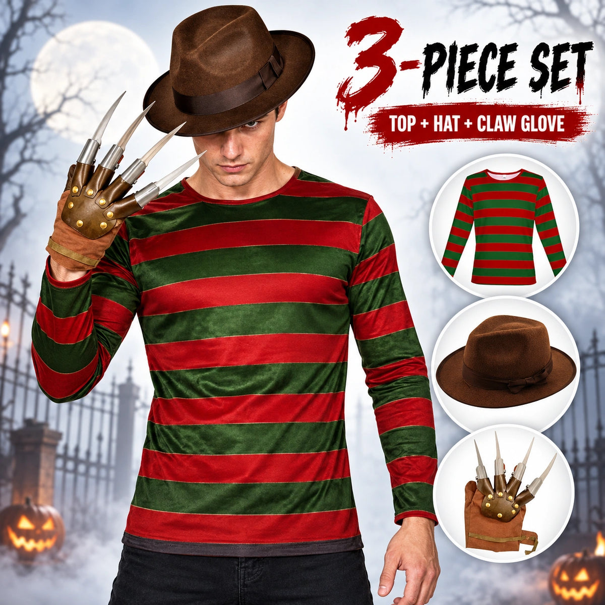 Burnt Man Horror Glove & Hat Set Halloween Fancy Dress Costume Accessories