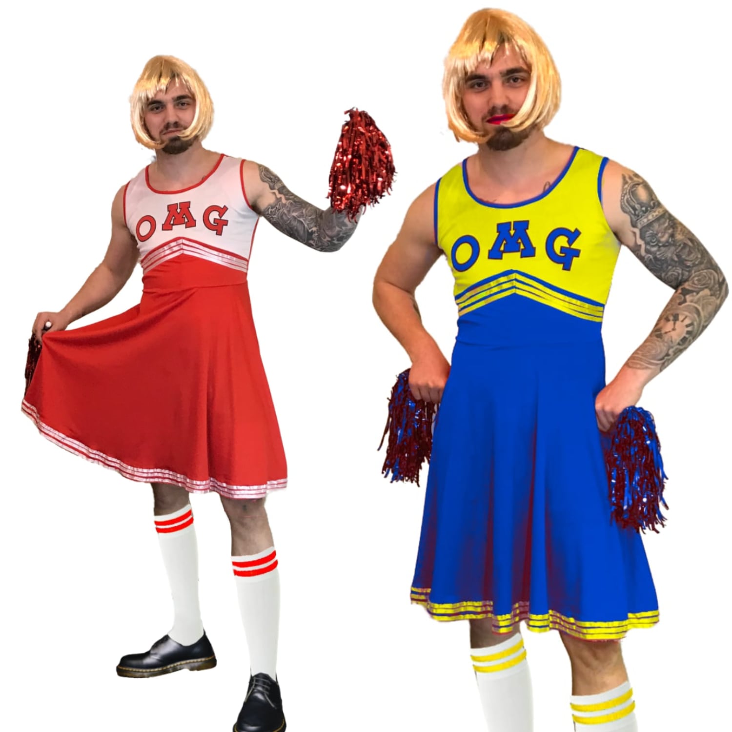 Mens Cheerleader Stag Do Costume – Funny Adult Outfit With Wig – Green & White – ILOVEFANCYDRESS
