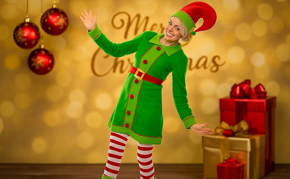 Green Deluxe Christmas Elf Fancy Dress Costume