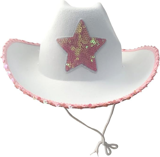 Women’s Pink Sequin Star Cowboy Hat – Cowgirl Hats for Bachelorette, Birthday Parties