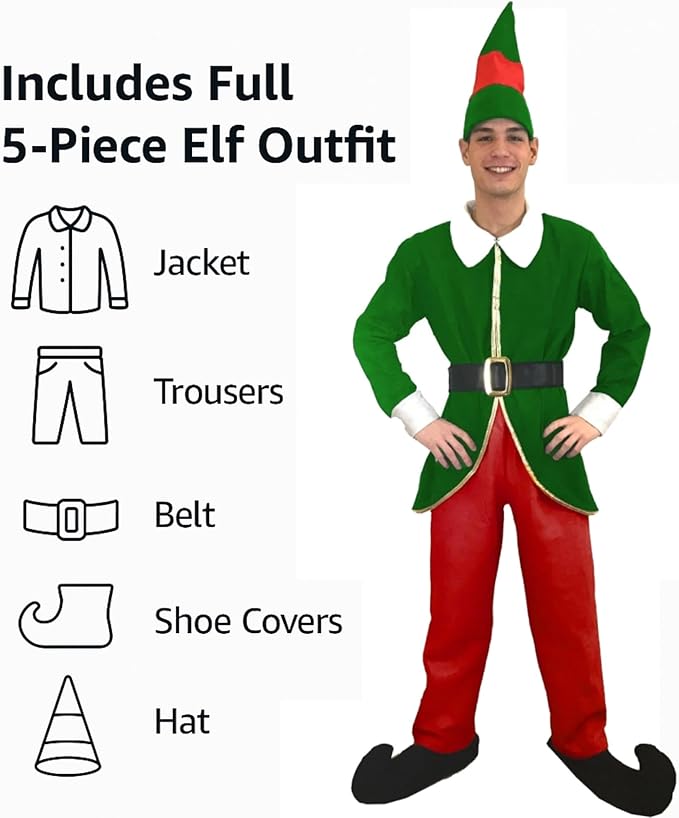 Green & Red Christmas Mens Elf Costume Sowest Fancy Dress Green & Red Christmas Mens Elf Costume Sowest Fancy Dress