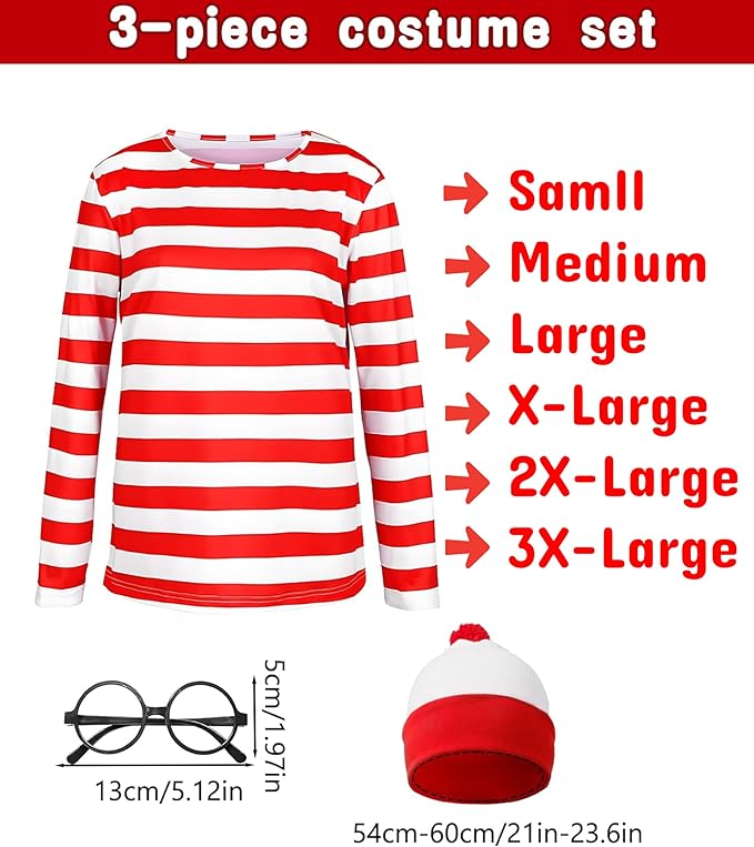 Adult World Book Day Costume for Men - Red & White T-Shirt, Bobble Hat, Round Glasses
