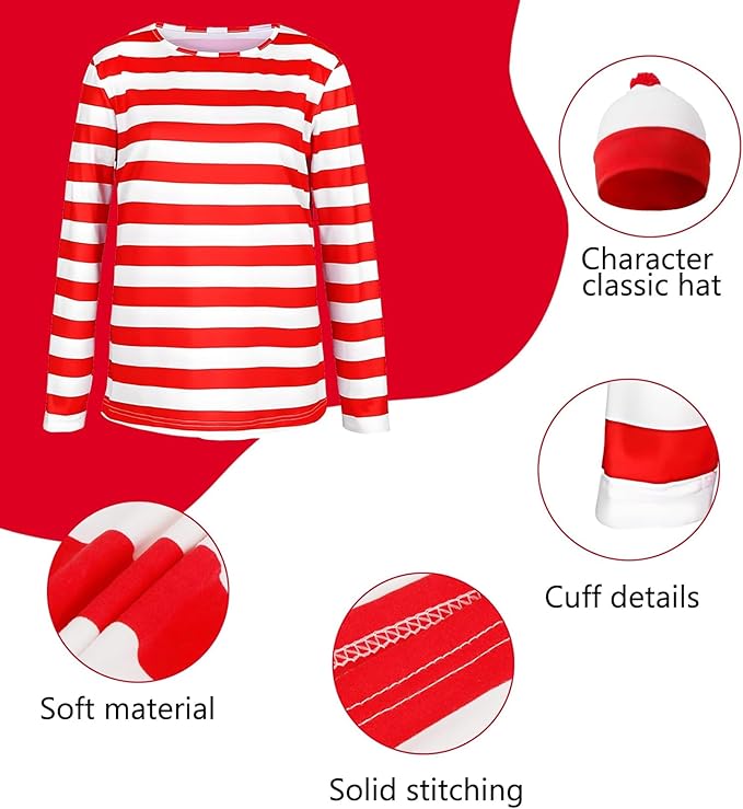 Adult World Book Day Costume for Men - Red & White T-Shirt, Bobble Hat, Round Glasses