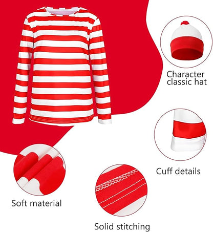 Adult World Book Day Costume for Men - Red & White T-Shirt, Bobble Hat, Round Glasses