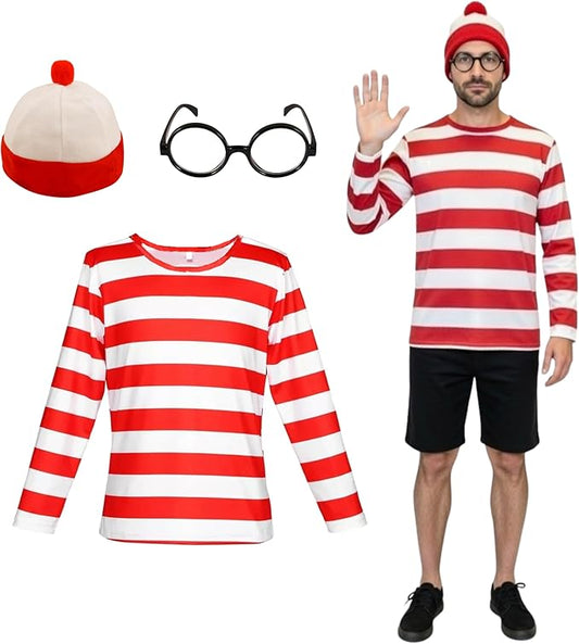 Adult World Book Day Costume for Men - Red & White T-Shirt, Bobble Hat, Round Glasses