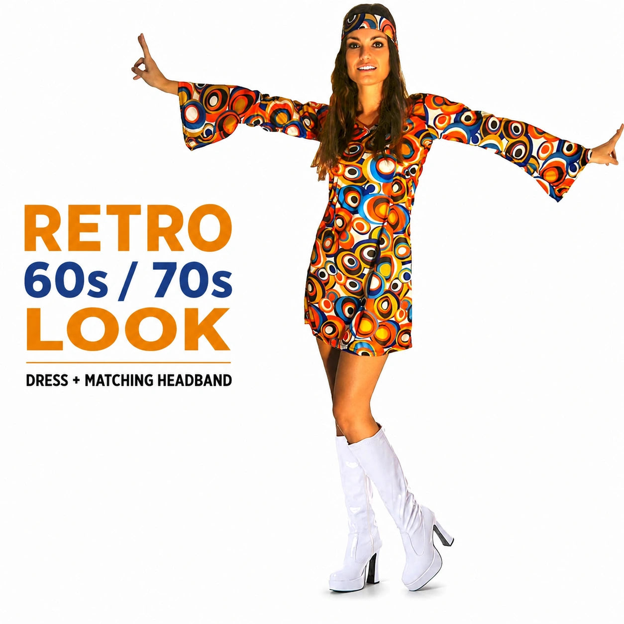 Women’s 60s Swirl GoGo Dress and Headband Retro Fancy Dress Costume