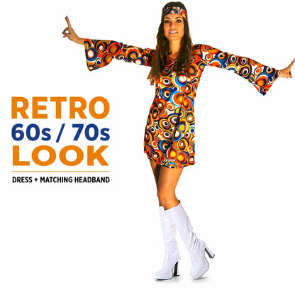 Women’s 60s Swirl GoGo Dress and Headband Retro Fancy Dress Costume