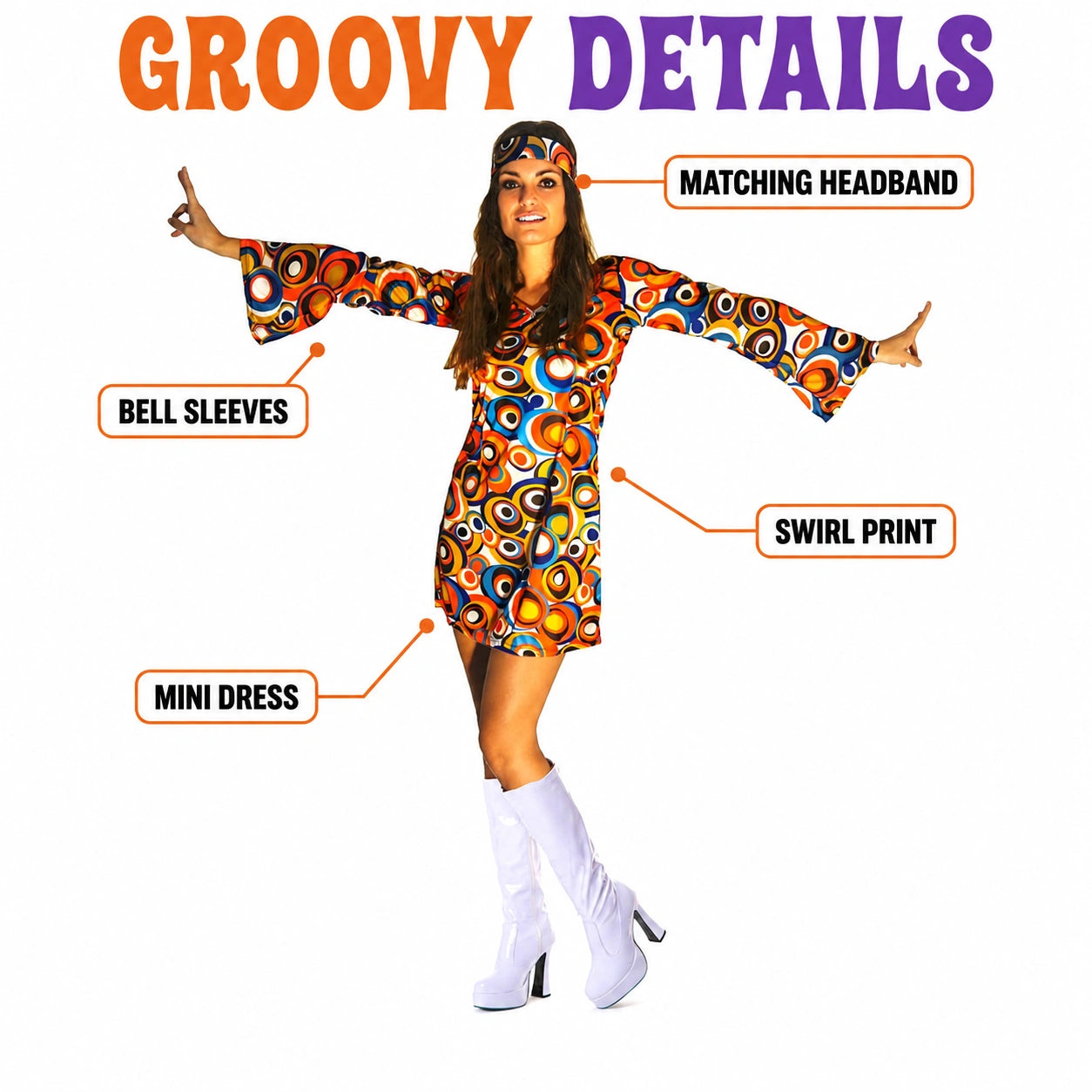 Women’s 60s Swirl GoGo Dress and Headband Retro Fancy Dress Costume