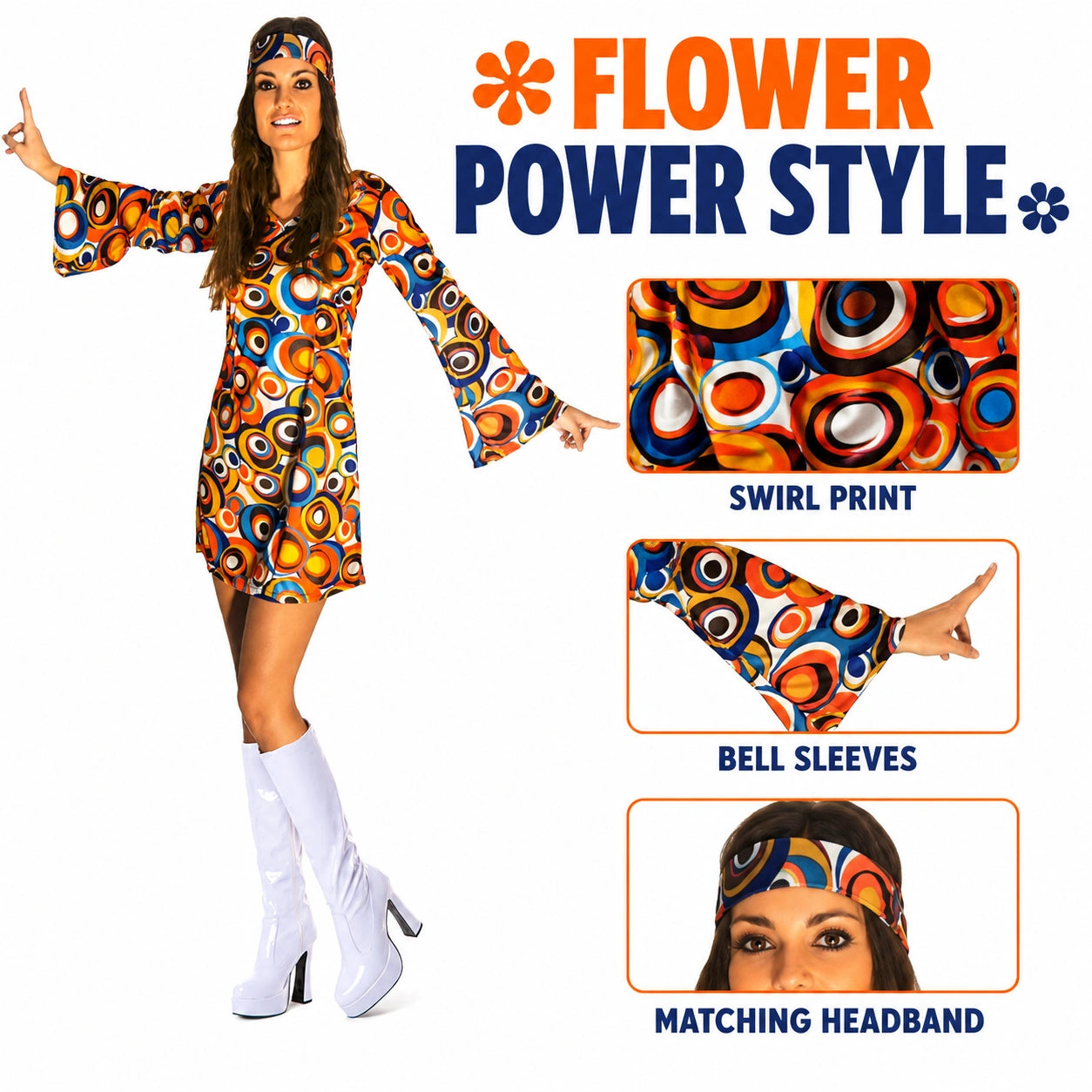 Women’s 60s Swirl GoGo Dress and Headband Retro Fancy Dress Costume