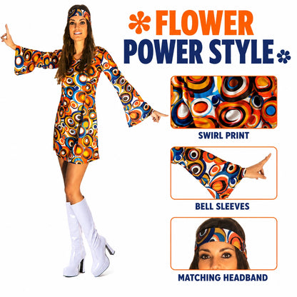 Women’s 60s Swirl GoGo Dress and Headband Retro Fancy Dress Costume