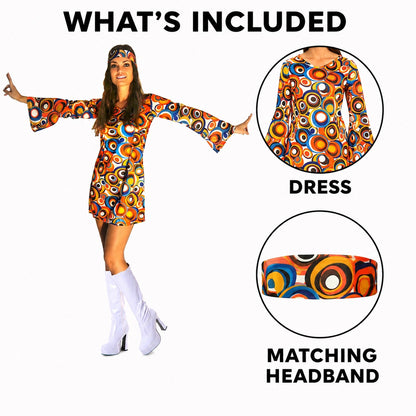 Women’s 60s Swirl GoGo Dress and Headband Retro Fancy Dress Costume