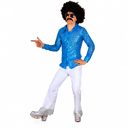 Men’s 70s Disco Costume, Shiny Sequin Shirt & Flared Trousers Retro Fancy Dress Outfit