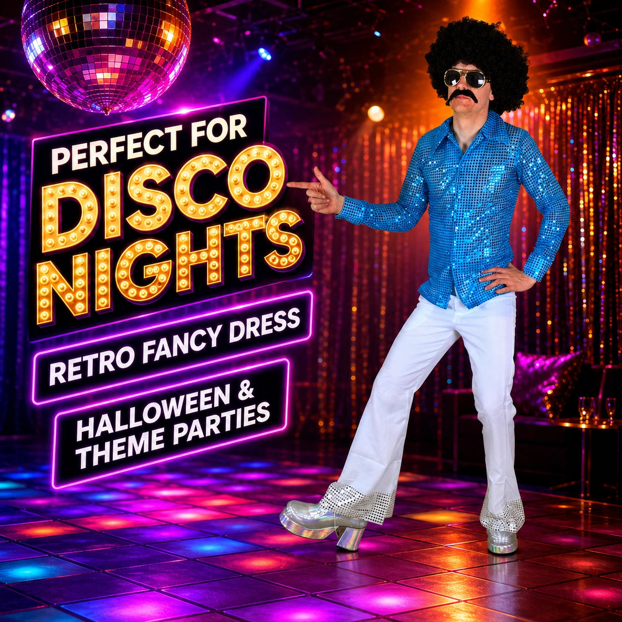 Men’s 70s Disco Costume, Shiny Sequin Shirt & Flared Trousers Retro Fancy Dress Outfit