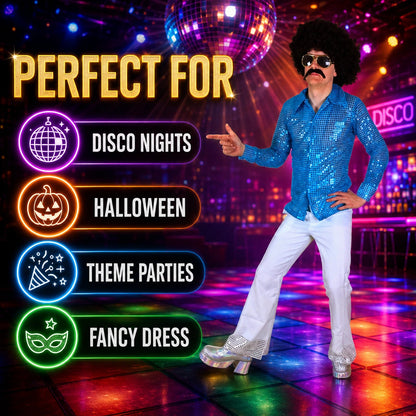 Men’s 70s Disco Costume, Shiny Sequin Shirt & Flared Trousers Retro Fancy Dress Outfit