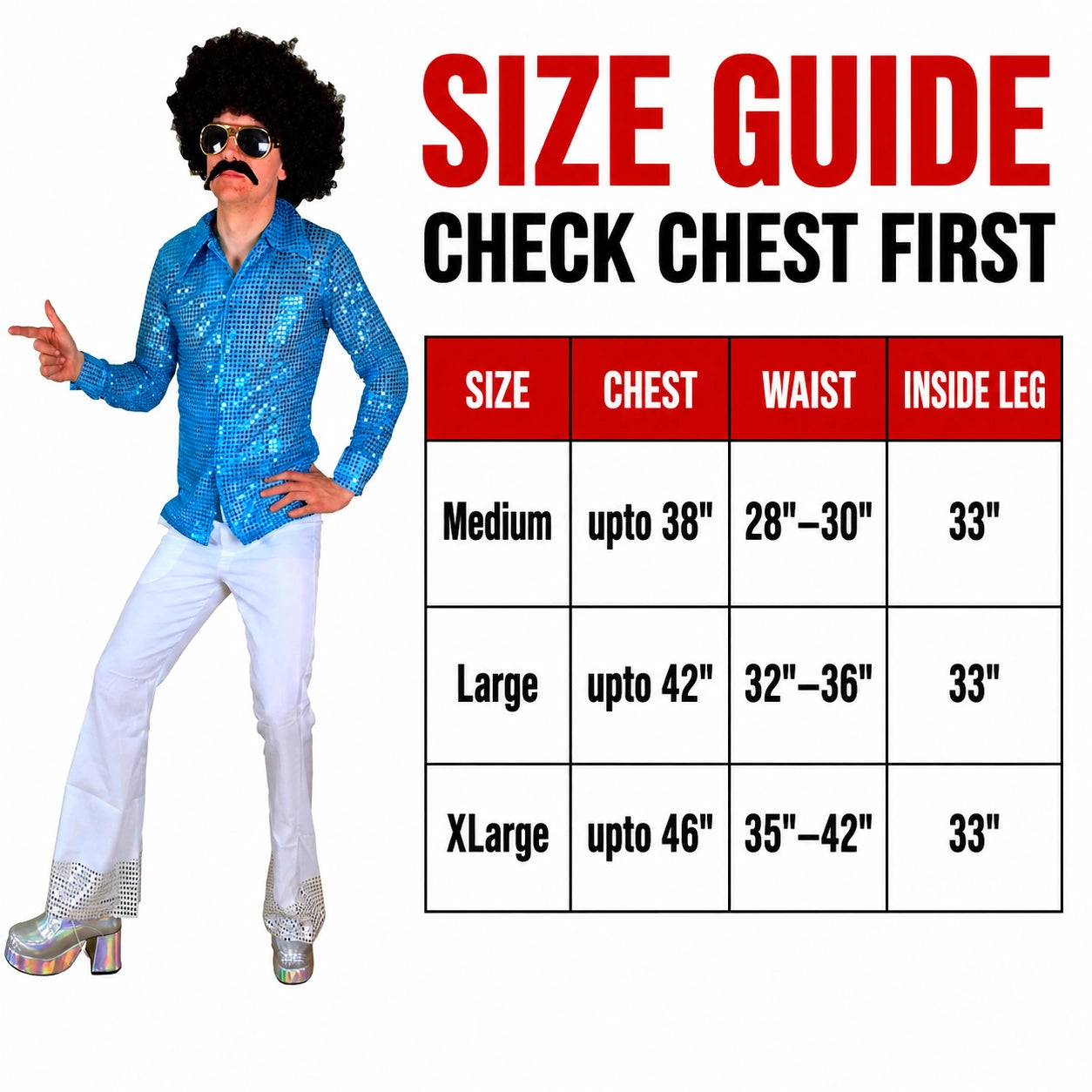 Men’s 70s Disco Costume, Shiny Sequin Shirt & Flared Trousers Retro Fancy Dress Outfit