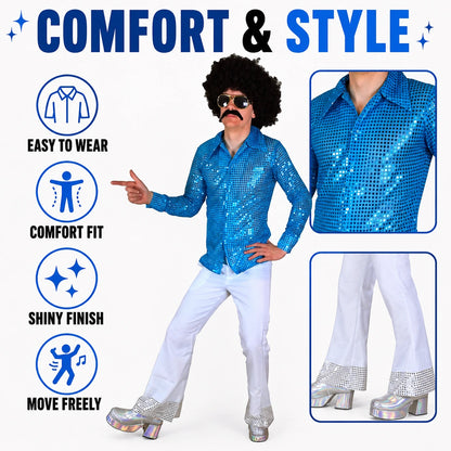 Men’s 70s Disco Costume, Shiny Sequin Shirt & Flared Trousers Retro Fancy Dress Outfit