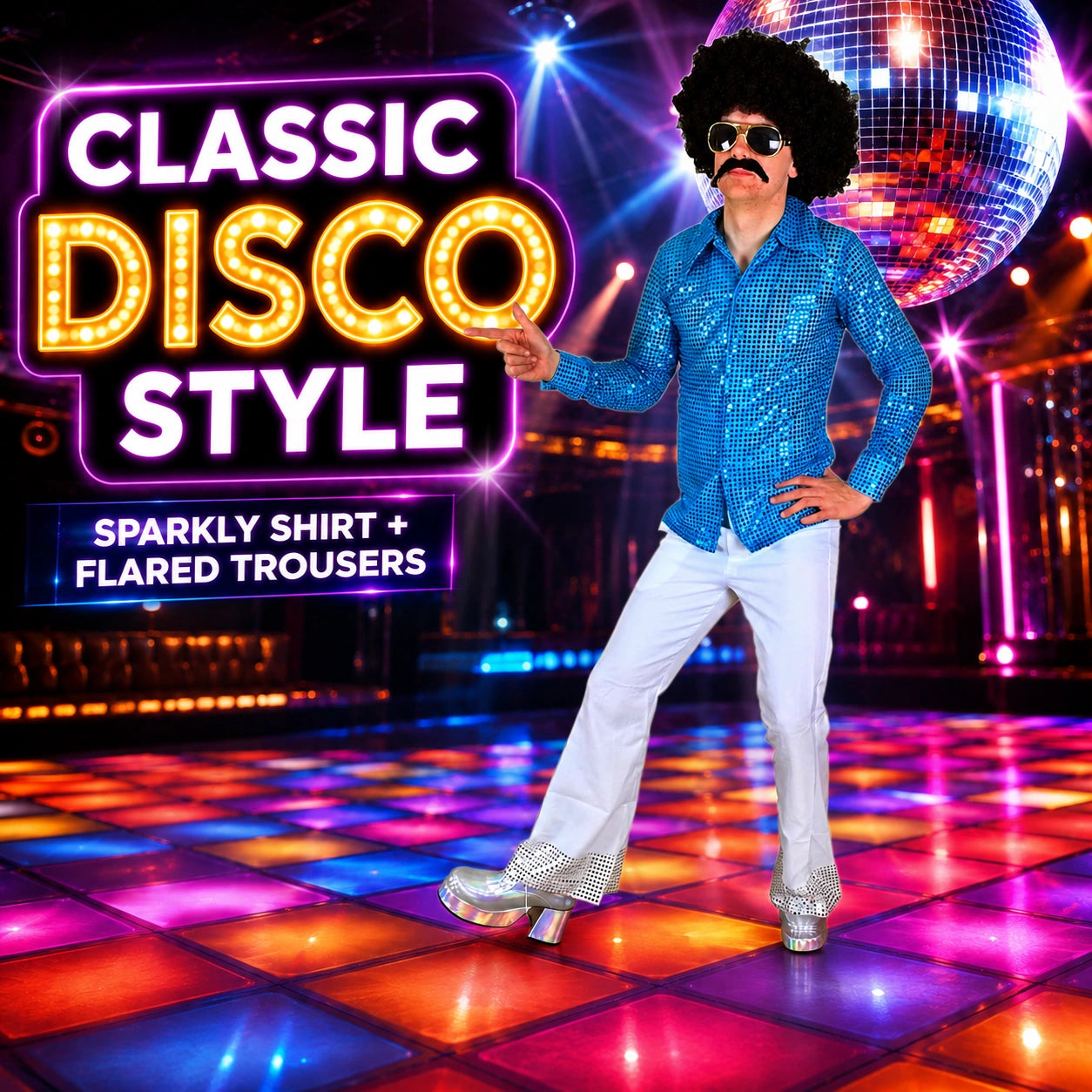 Men’s 70s Disco Costume, Shiny Sequin Shirt & Flared Trousers Retro Fancy Dress Outfit