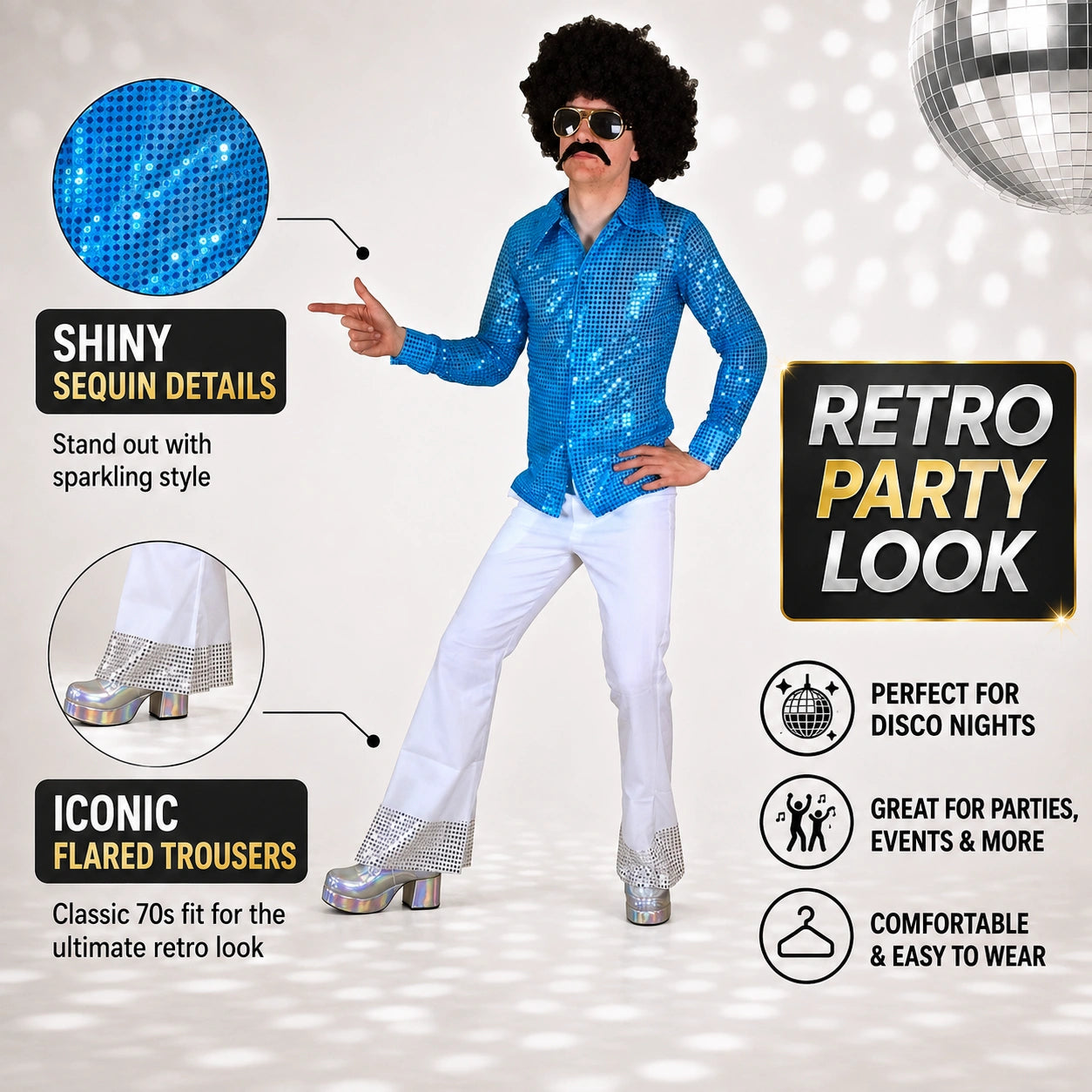 Men’s 70s Disco Costume, Shiny Sequin Shirt & Flared Trousers Retro Fancy Dress Outfit