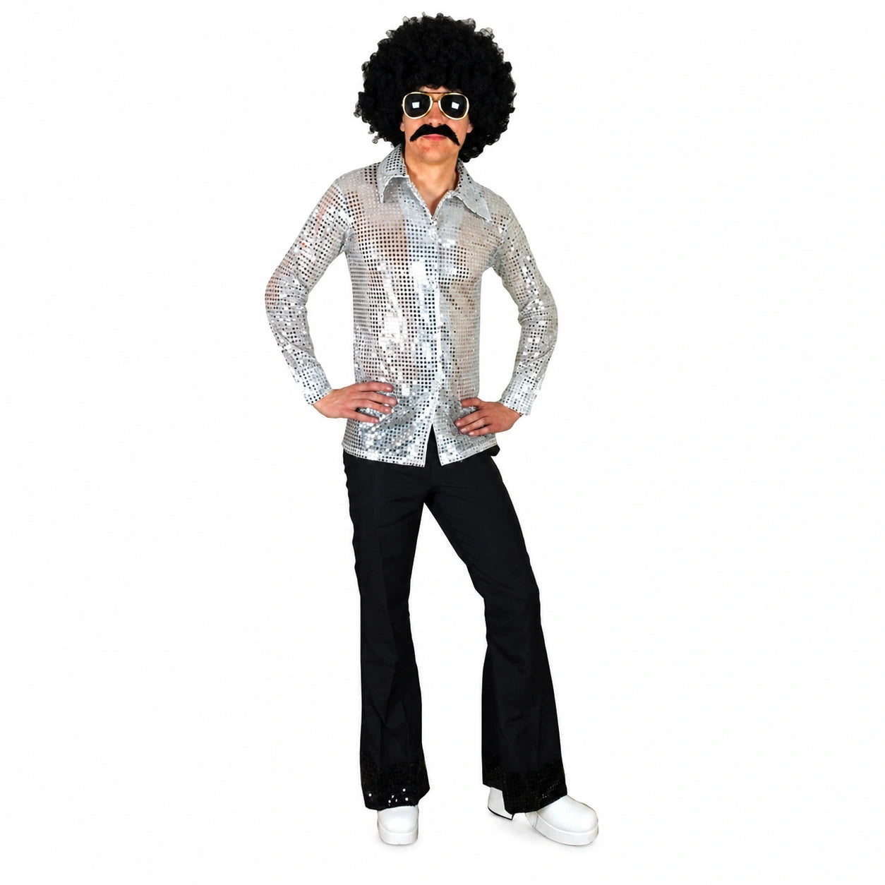 Men’s 70s Disco Costume, Shiny Sequin Shirt & Flared Trousers Retro Fancy Dress Outfit