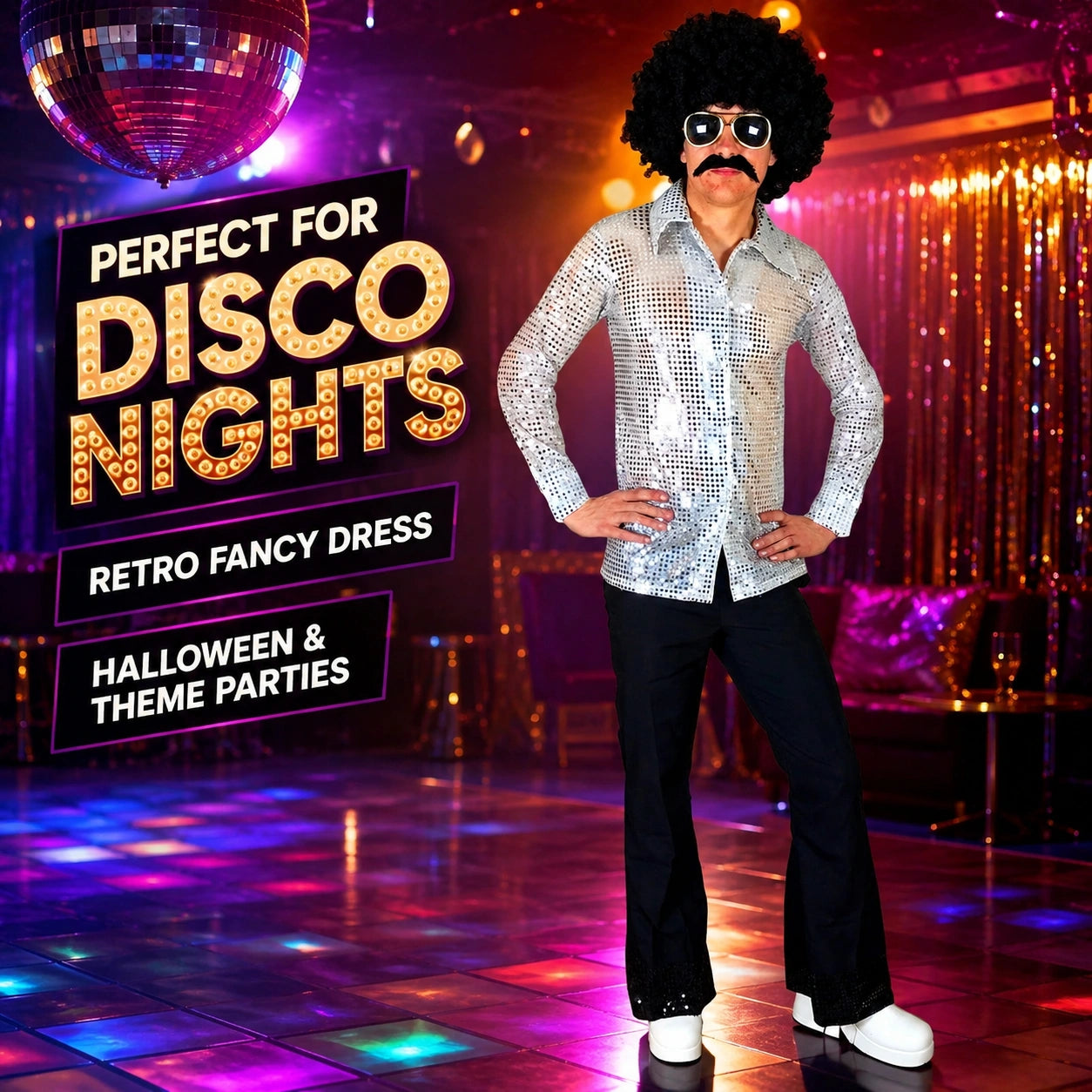 Men’s 70s Disco Costume, Shiny Sequin Shirt & Flared Trousers Retro Fancy Dress Outfit