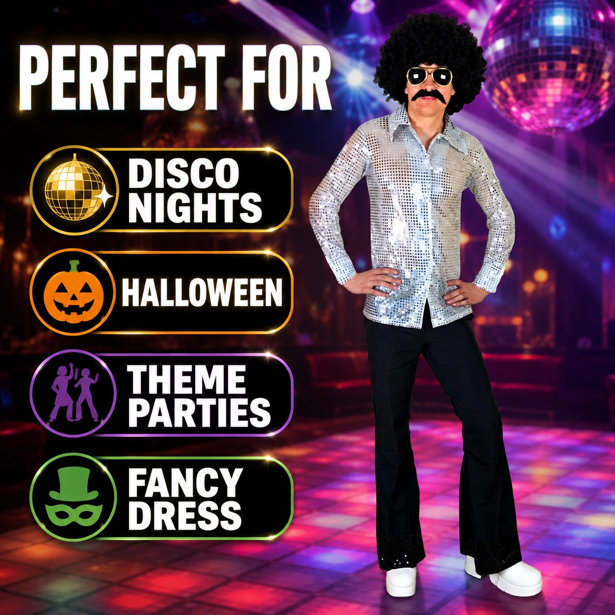 Men’s 70s Disco Costume, Shiny Sequin Shirt & Flared Trousers Retro Fancy Dress Outfit