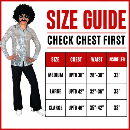 Men’s 70s Disco Costume, Shiny Sequin Shirt & Flared Trousers Retro Fancy Dress Outfit