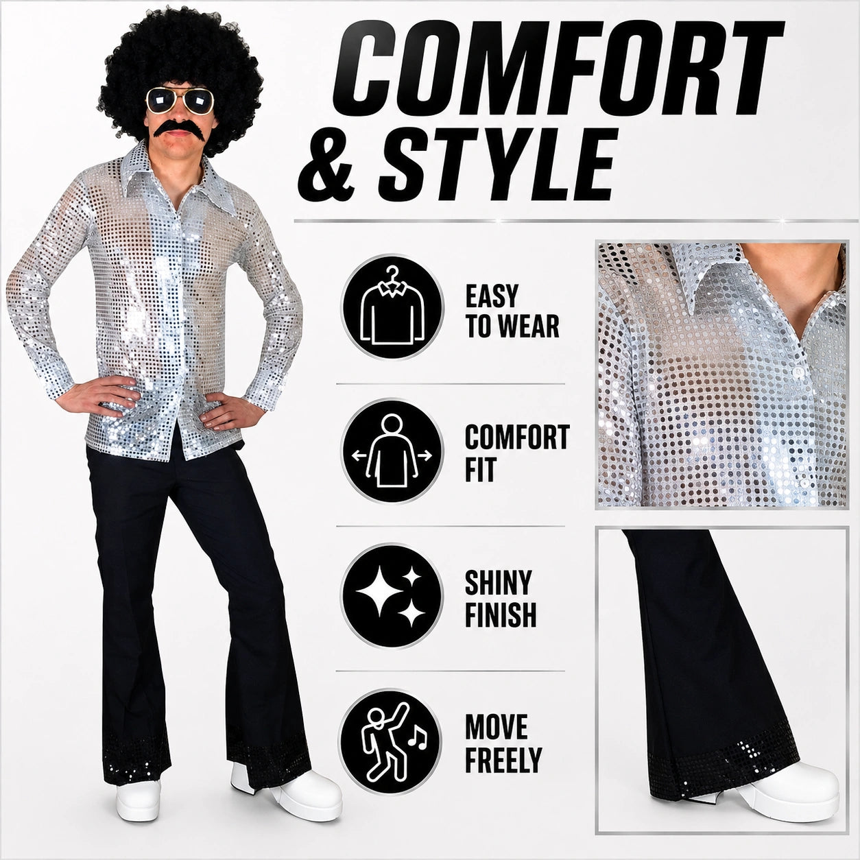 Men’s 70s Disco Costume, Shiny Sequin Shirt & Flared Trousers Retro Fancy Dress Outfit