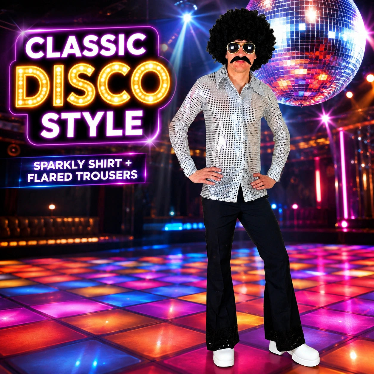 Men’s 70s Disco Costume, Shiny Sequin Shirt & Flared Trousers Retro Fancy Dress Outfit