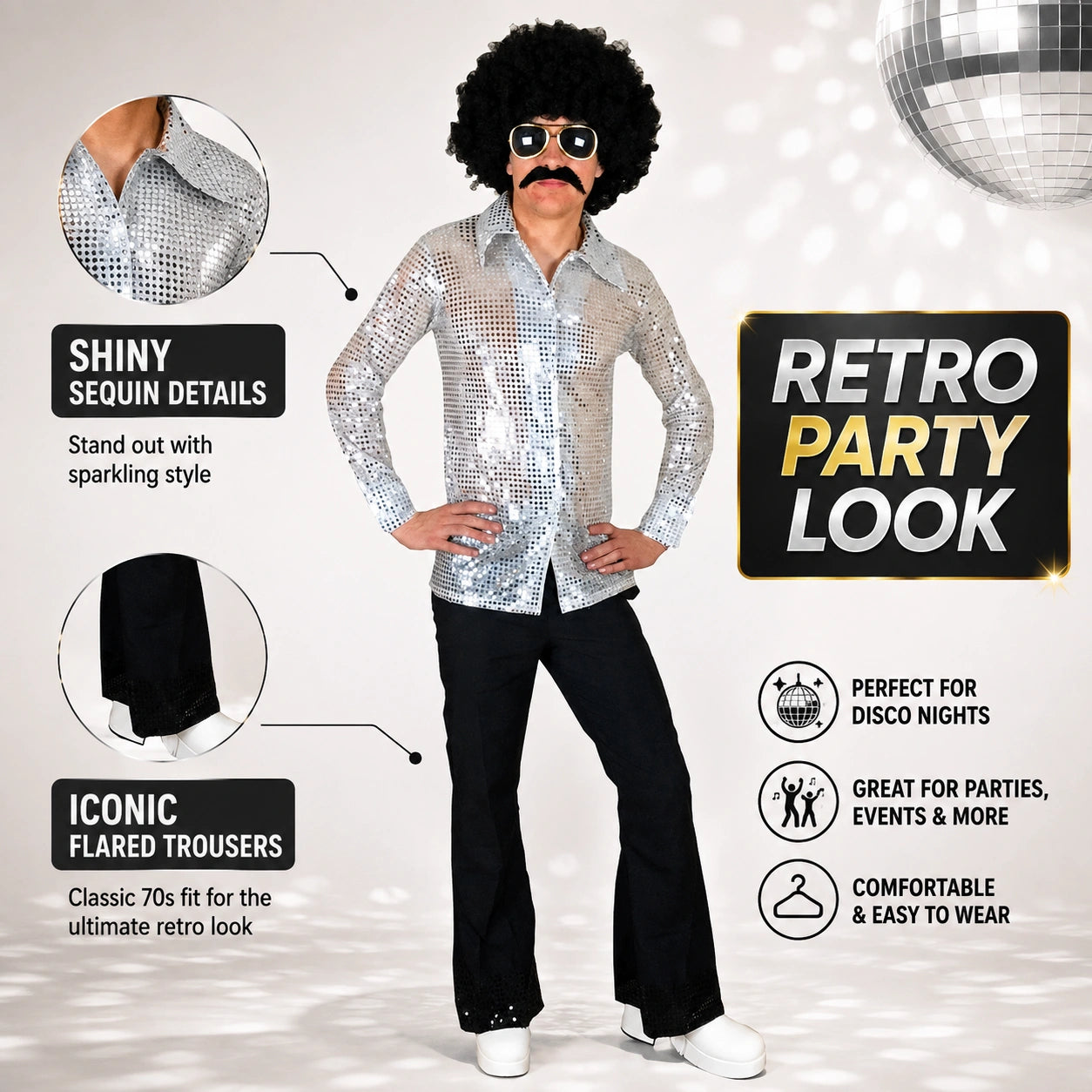 Men’s 70s Disco Costume, Shiny Sequin Shirt & Flared Trousers Retro Fancy Dress Outfit
