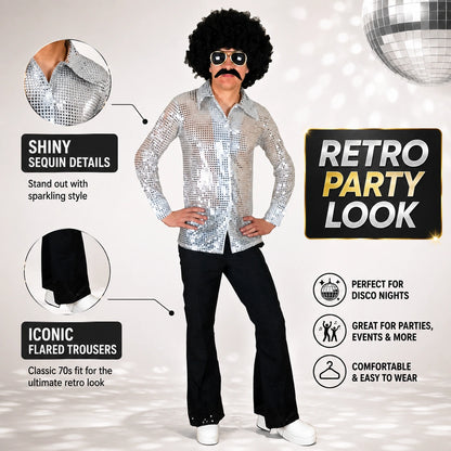 Men’s 70s Disco Costume, Shiny Sequin Shirt & Flared Trousers Retro Fancy Dress Outfit