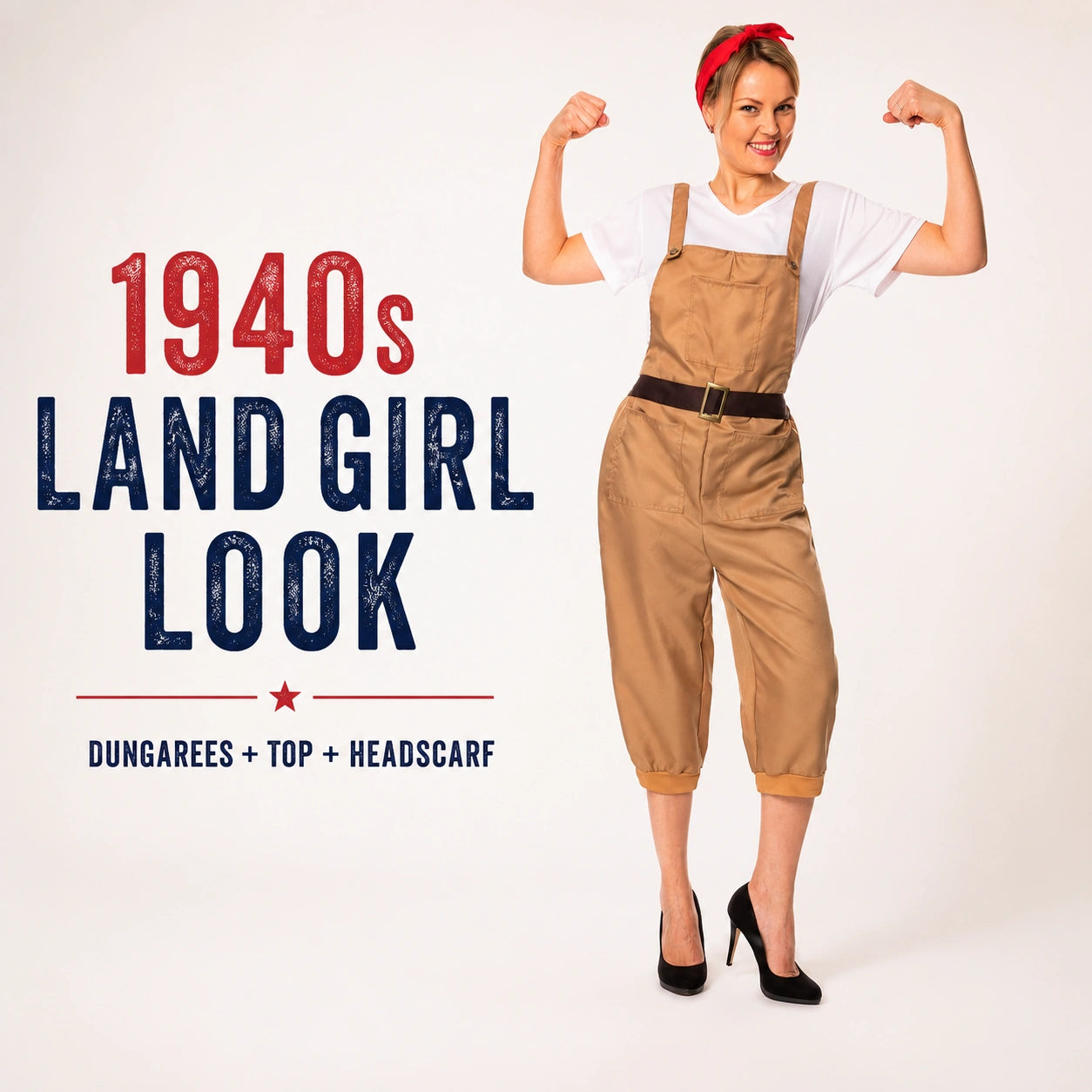 Women’s 1940s Land Girl Costume with Dungarees, Top and Headscarf