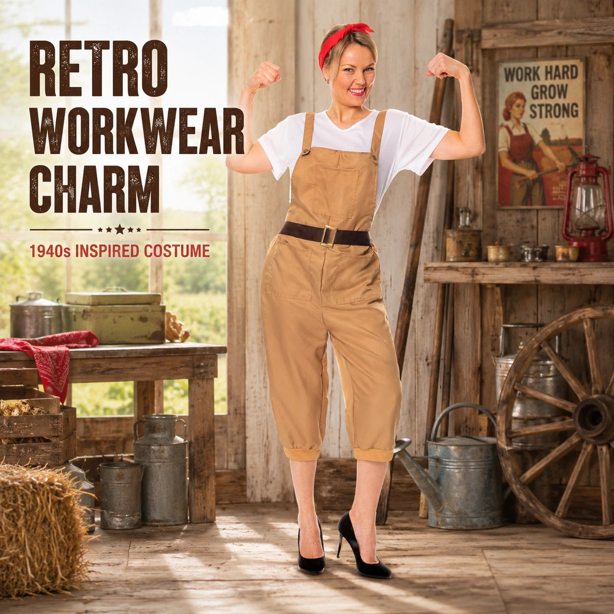 Women’s 1940s Land Girl Costume with Dungarees, Top and Headscarf