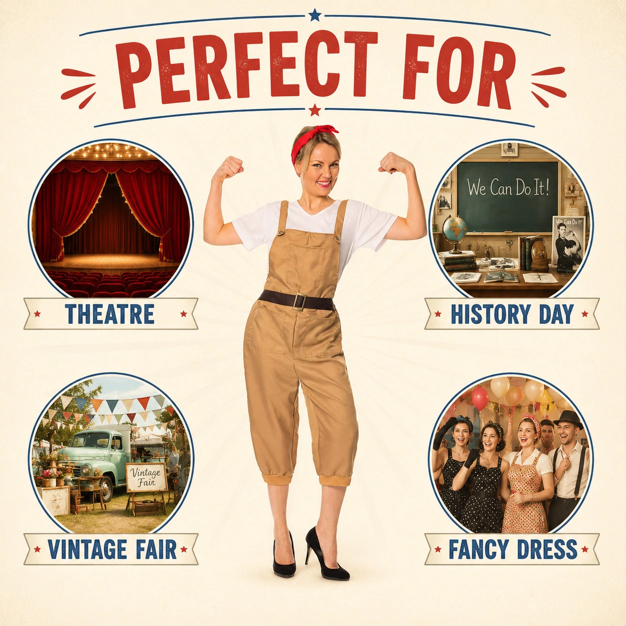 Women’s 1940s Land Girl Costume with Dungarees, Top and Headscarf