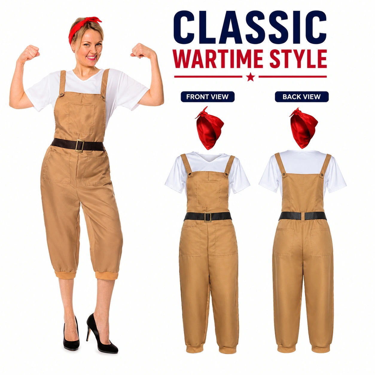Women’s 1940s Land Girl Costume with Dungarees, Top and Headscarf