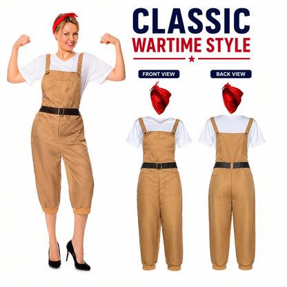 Women’s 1940s Land Girl Costume with Dungarees, Top and Headscarf