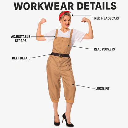 Women’s 1940s Land Girl Costume with Dungarees, Top and Headscarf