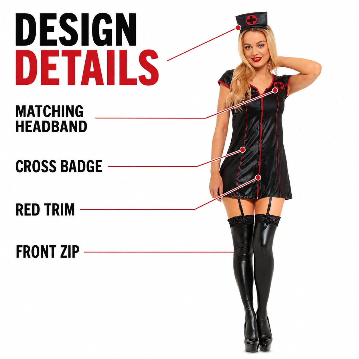 Women’s Sexy Nurse Fancy Dress Costume with Headband, White or Black Role Play Outfit for Halloween & Themed Parties