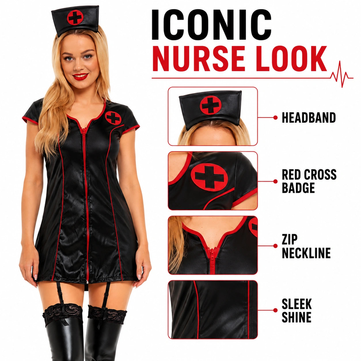 Women’s Sexy Nurse Fancy Dress Costume with Headband, White or Black Role Play Outfit for Halloween & Themed Parties