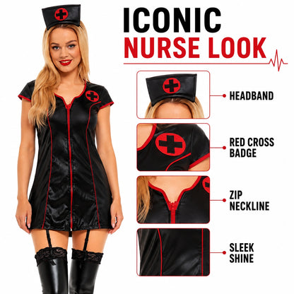 Women’s Sexy Nurse Fancy Dress Costume with Headband, White or Black Role Play Outfit for Halloween & Themed Parties