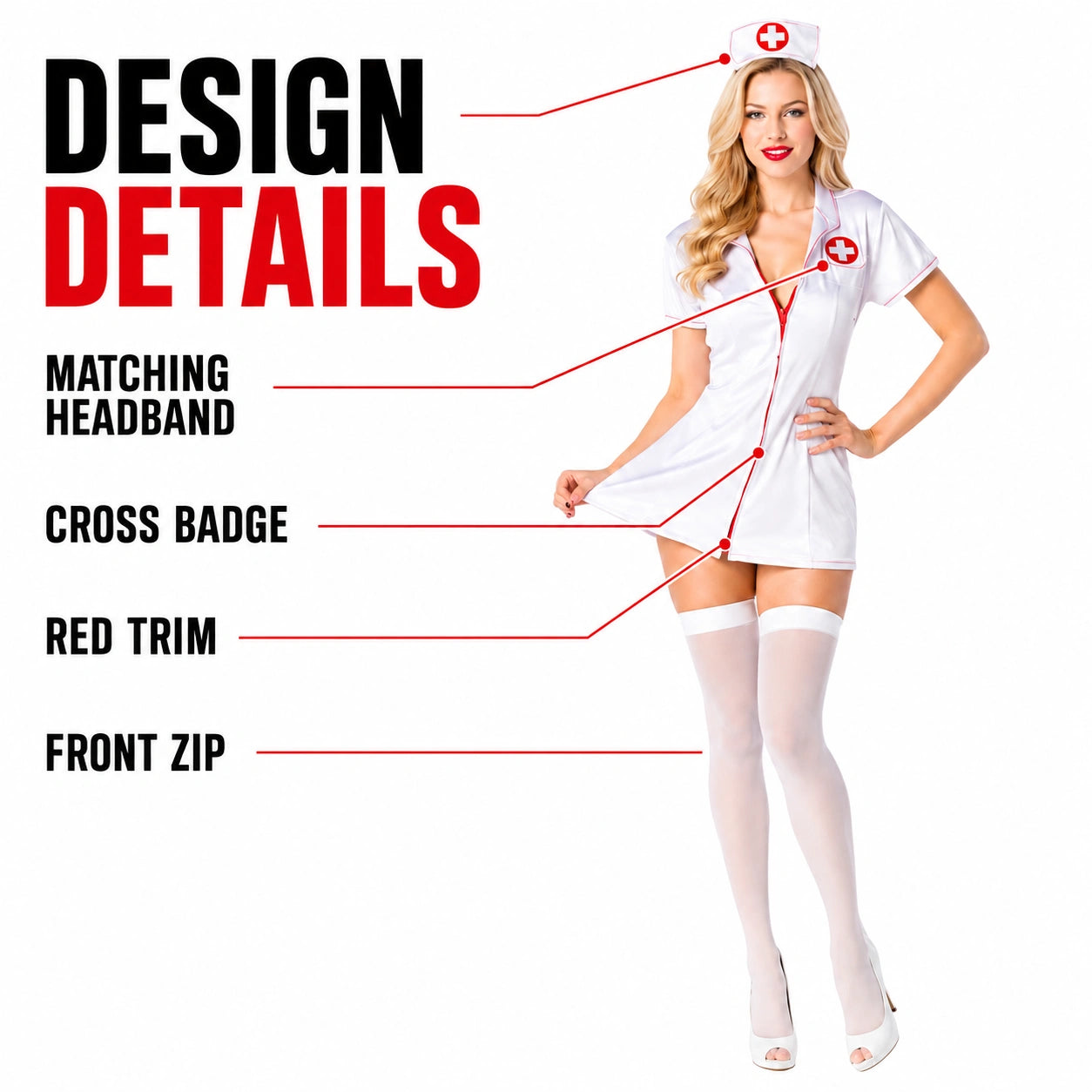 Women’s Sexy Nurse Fancy Dress Costume with Headband, White or Black Role Play Outfit for Halloween & Themed Parties