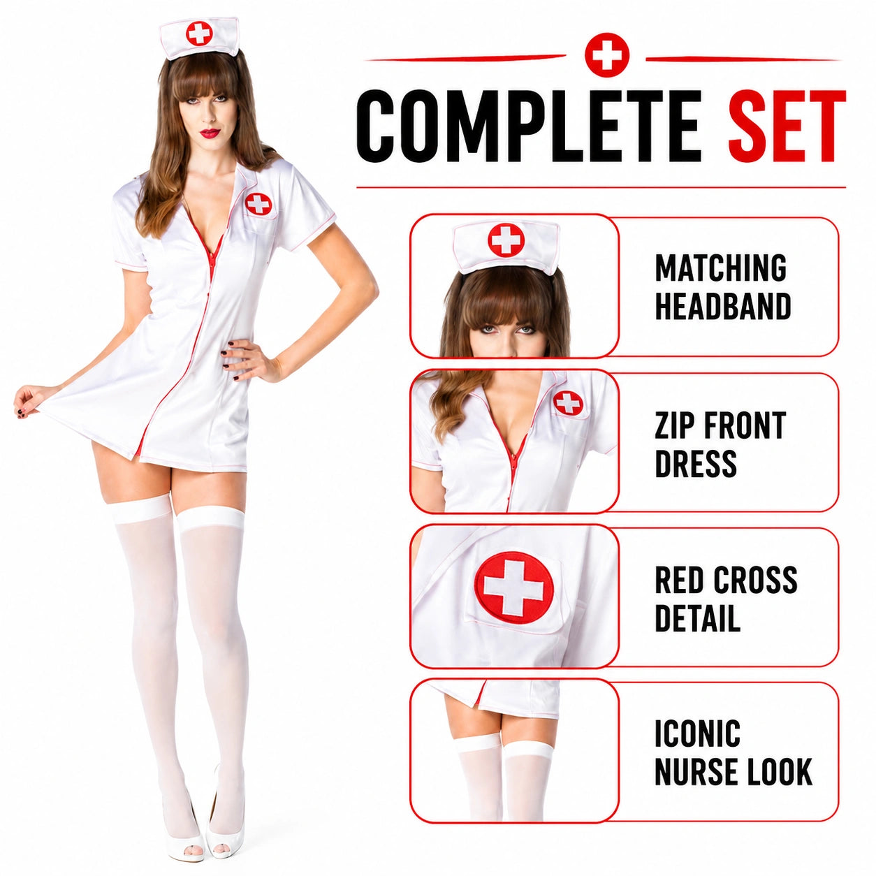 Women’s Sexy Nurse Fancy Dress Costume with Headband, White or Black Role Play Outfit for Halloween & Themed Parties