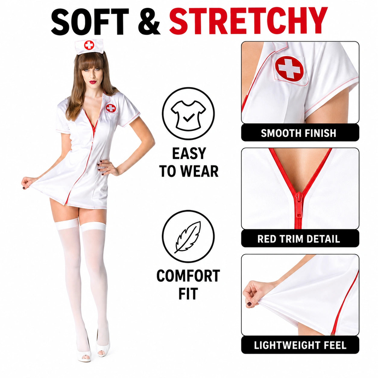 Women’s Sexy Nurse Fancy Dress Costume with Headband, White or Black Role Play Outfit for Halloween & Themed Parties