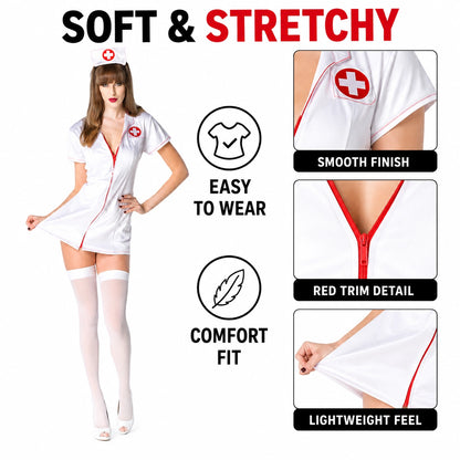 Women’s Sexy Nurse Fancy Dress Costume with Headband, White or Black Role Play Outfit for Halloween & Themed Parties