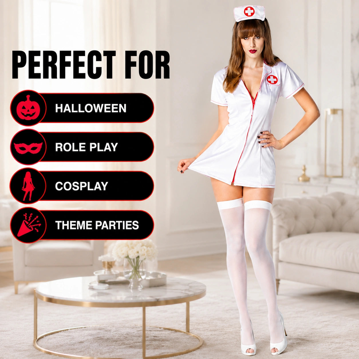 Women’s Sexy Nurse Fancy Dress Costume with Headband, White or Black Role Play Outfit for Halloween & Themed Parties