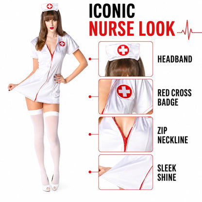 Women’s Sexy Nurse Fancy Dress Costume with Headband, White or Black Role Play Outfit for Halloween & Themed Parties
